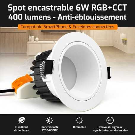 Spot LED encastrable ANTI-EBLOUISSEMENT connecté RGB+CCT 6W Mi-Light (MiBOXER)