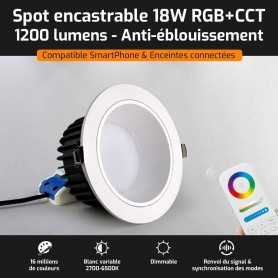 Spot LED encastrable ANTI-EBLOUISSEMENT connecté RGB+CCT 18W Mi-Light (MiBOXER)