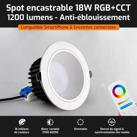 Spot LED encastrable ANTI-EBLOUISSEMENT connecté RGB+CCT 18W Mi-Light (MiBOXER)