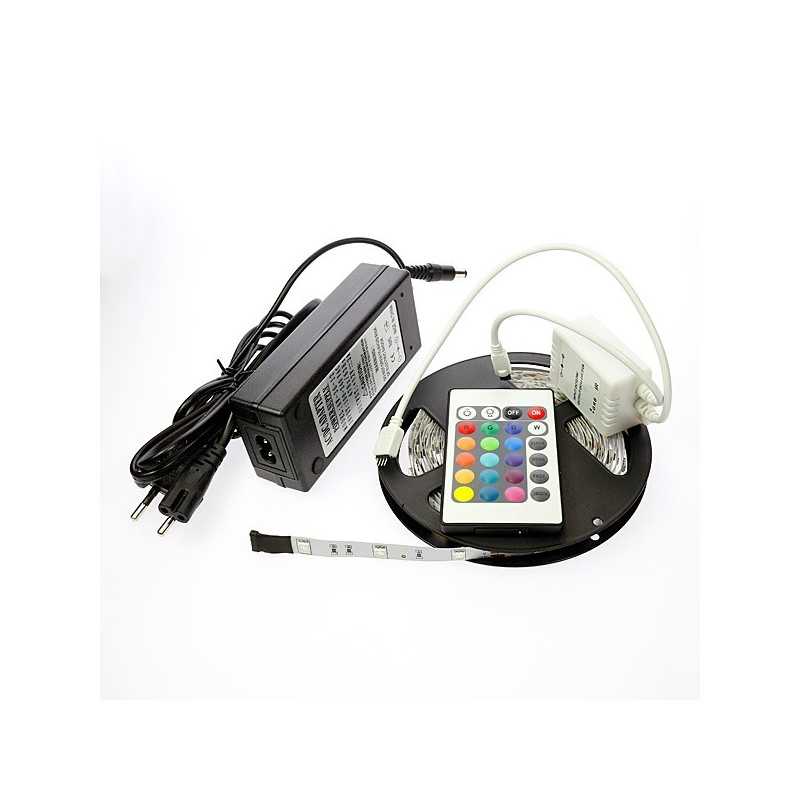 Kit Ruban LED RGB 5m 60 LEDs/m + Alimentation 2A + Télécommande 24 Touches - Ambiance Lumineuse Multicolore
