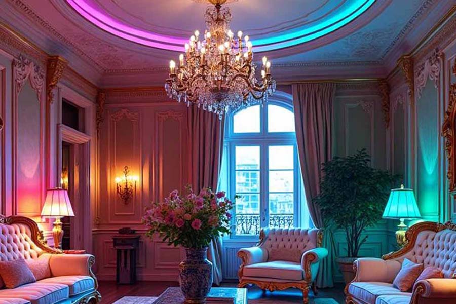 Ruban LED multicolore installé dans un salon