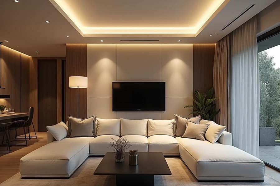 Ruban LED installée dans la corniche d'un salon