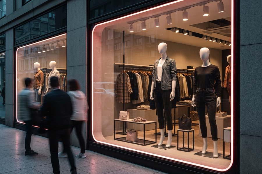 Bandeau LED utilisé pour illuminer une vitrine de magasin de vêtements